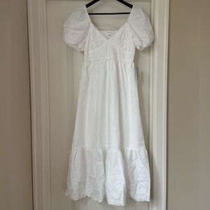 August Silk White Midi Dress with Puff Sleeves